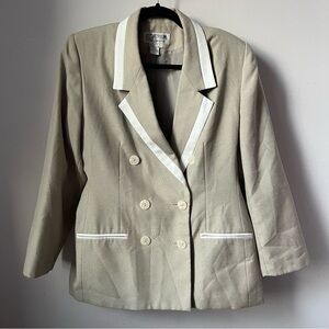 Double breasted oversize cream natural linen color blazer with white trim